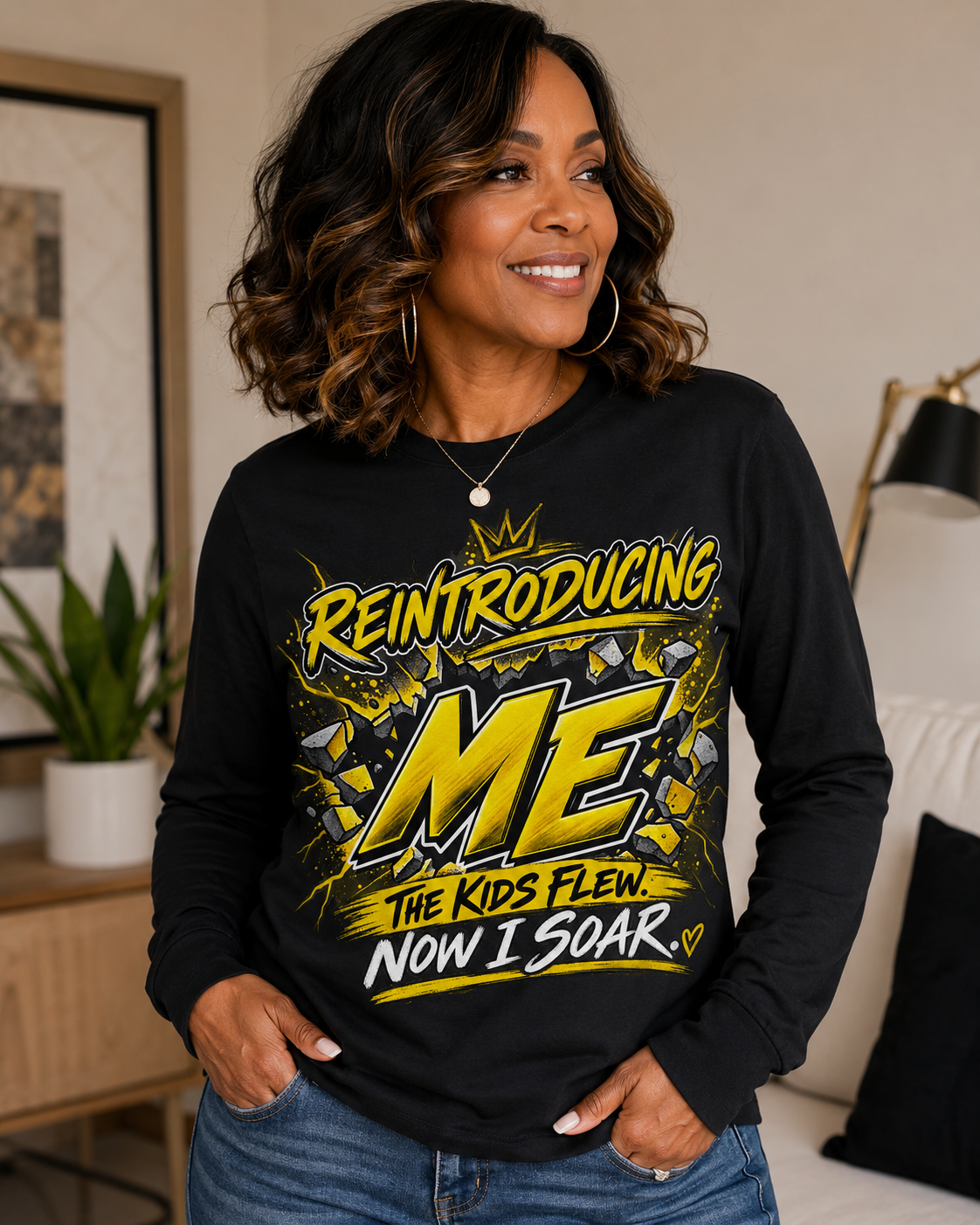 Reintroducing Me Long Sleeve Tee — "Reintroducing Me, The Kids Flew, Now I Soar" Graphic