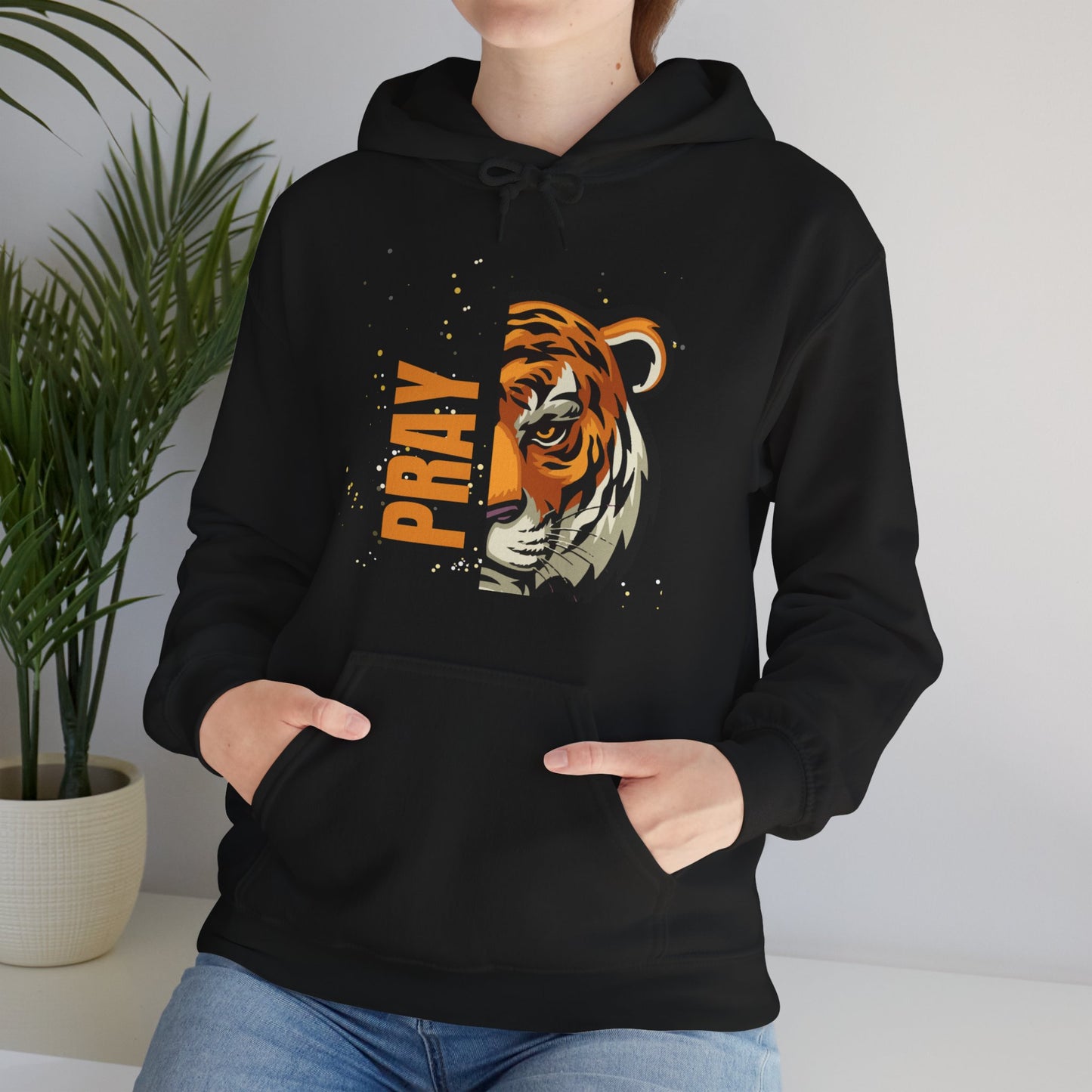 Bold Tiger Pray Hoodie - Cozy Sweatshirt for Animal Lovers, Inspirational Gift, Unisex Fashion, Perfect for Relaxation