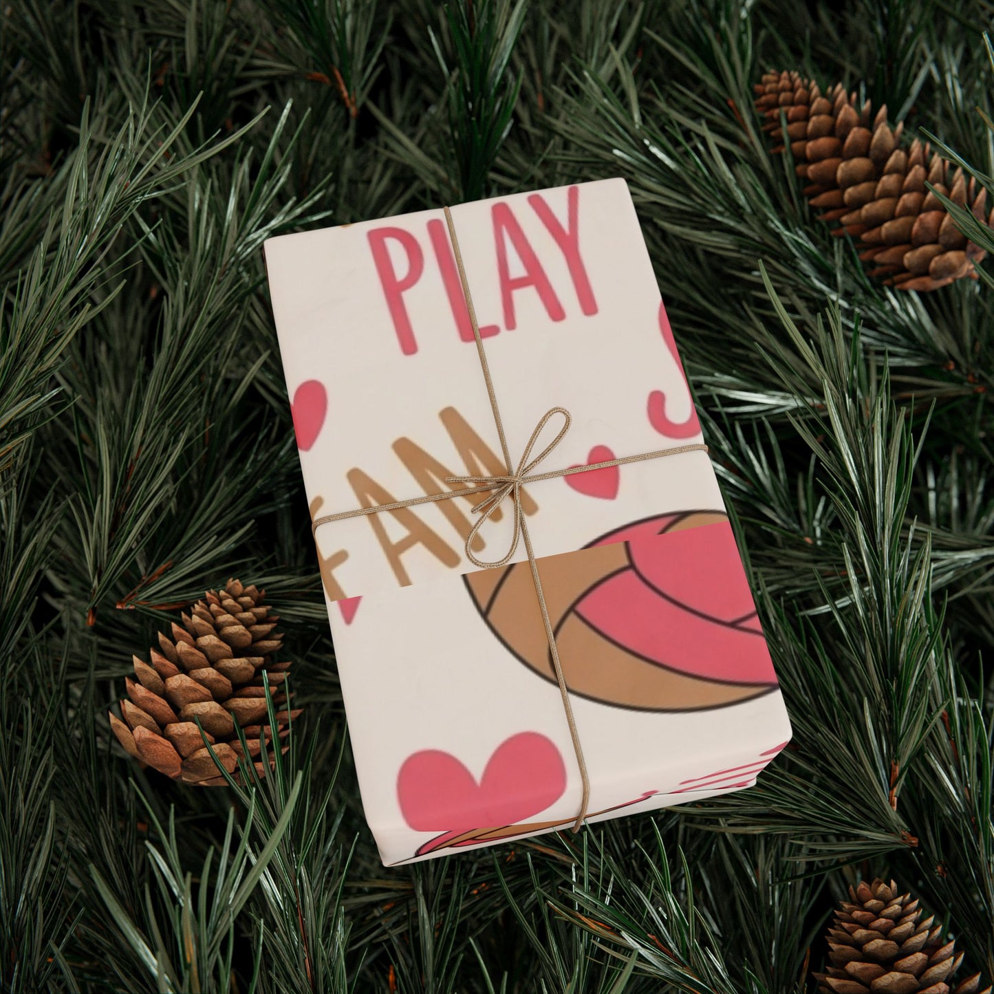 Pink and Tan Volleyball Pattern” — repeating volleyballs, hearts, stars, and motivational words like hustle and shine.