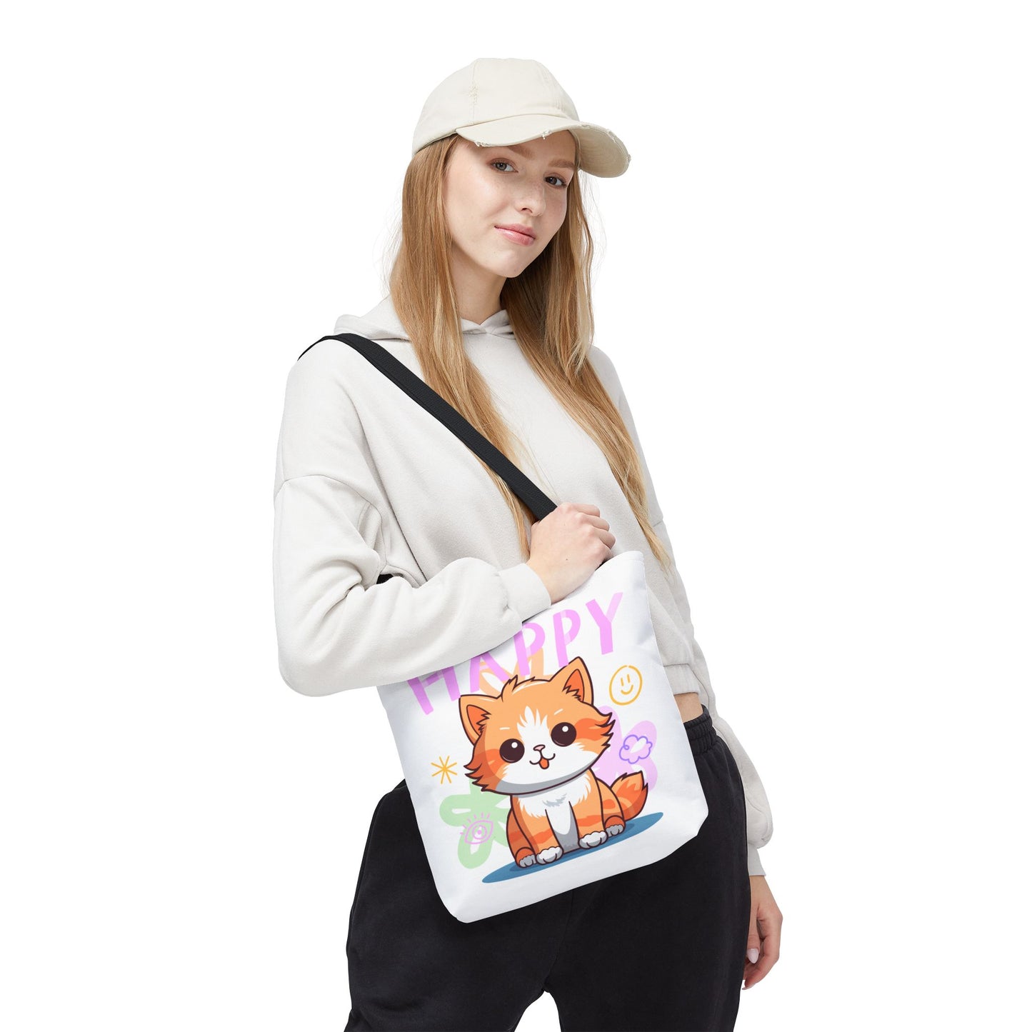 Happy Cat White Tote Bag, Cute Animal Tote, Happy Vibes Bag, Gift for Cat Lovers, Perfect for Shopping & Carrying Essentials