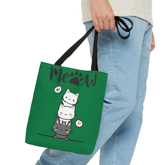 Cute Cat Stack Green Tote Bag - Cat Lover Gift, Meow Bag, AOP Tote, Fun & Functional Shopping Bag, Pet Lover Accessory