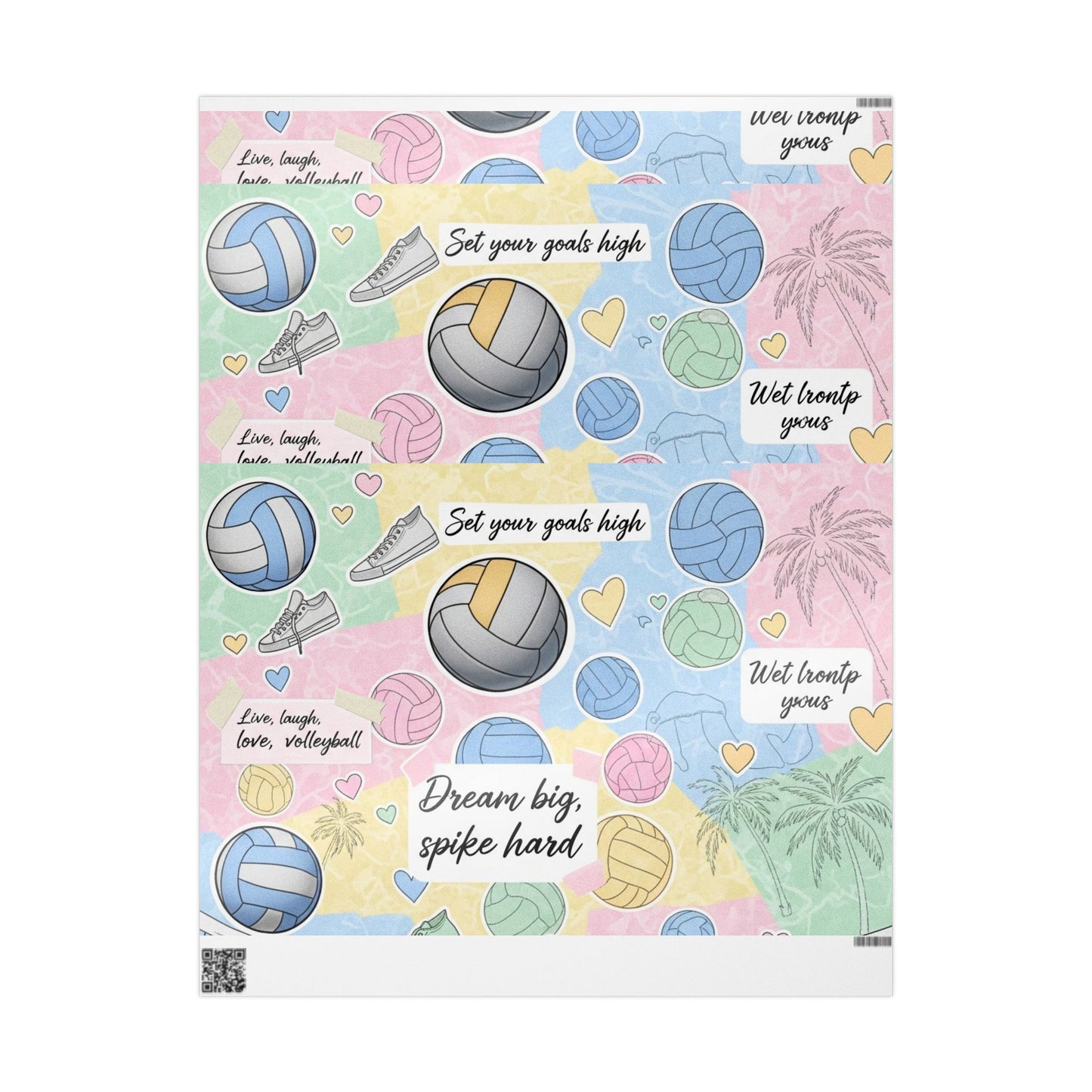 Wrapping Paper Volleyball Aesthetic Collage” — pastel tones, volleyballs, nets, palm trees, sneakers, motivational quotes, and hearts in a scrapbook-style layout