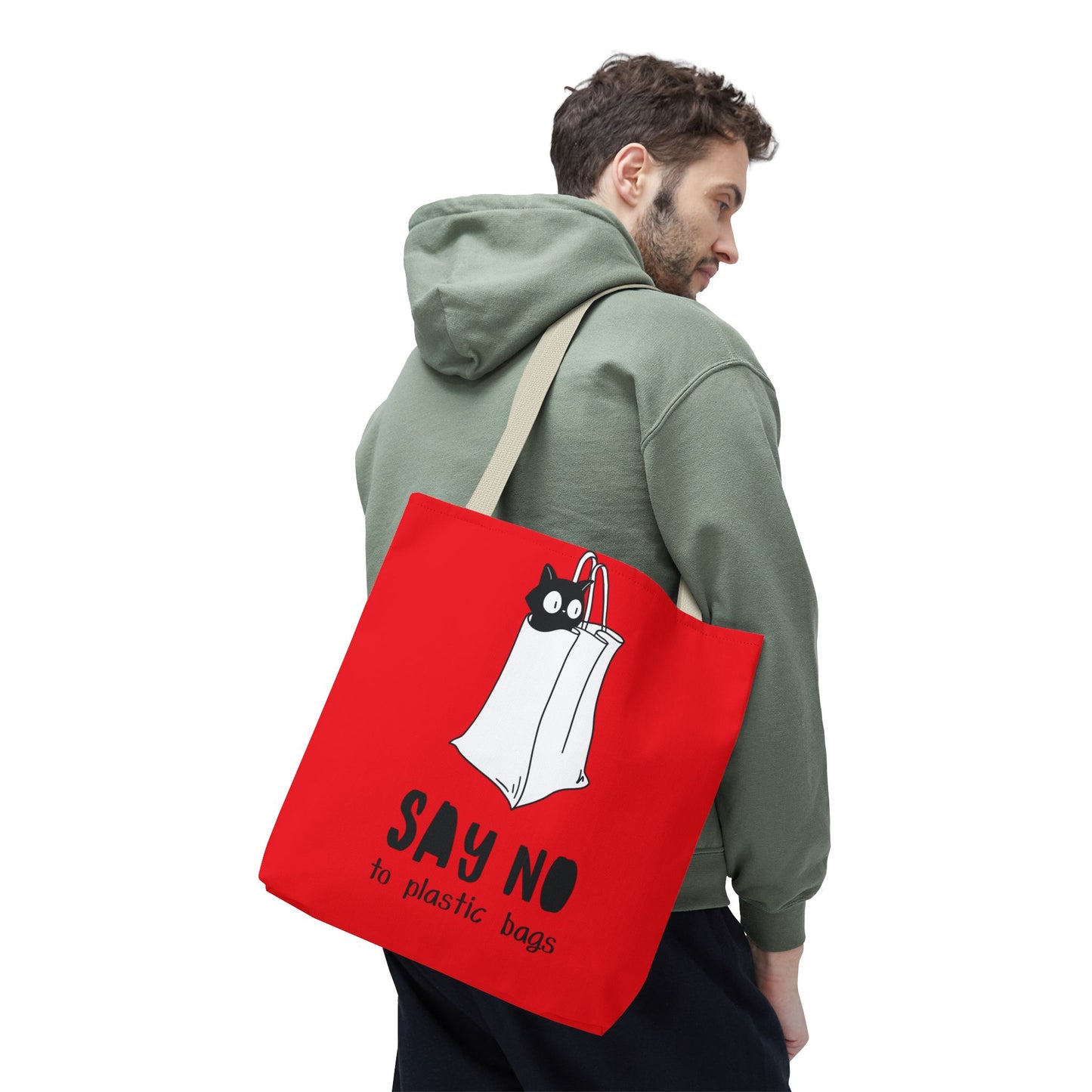 Eco-Friendly Red Tote Bag, Say No to Plastic Bags, Reusable Shopping Bag, Cat Lover Gift, Sustainable Fashion, Red AOP Design