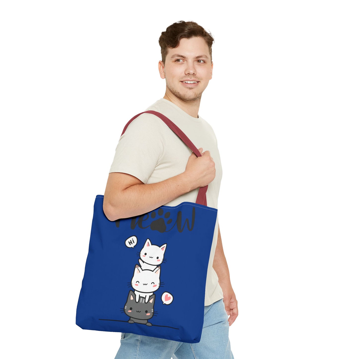 Cute Cat Blue Tote Bag, AOP Tote, Cat Lover Gift, Meow Bag, Cat Themed Shopping Bag, Gifts for Cat Owners