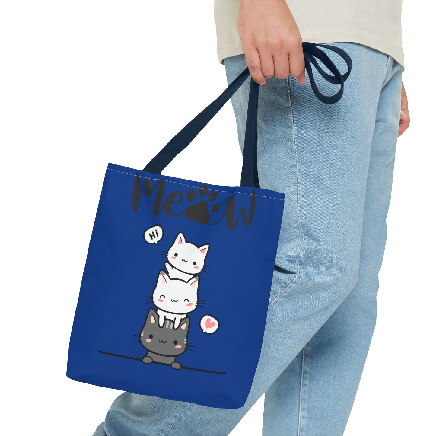 Cute Cat Blue Tote Bag, AOP Tote, Cat Lover Gift, Meow Bag, Cat Themed Shopping Bag, Gifts for Cat Owners