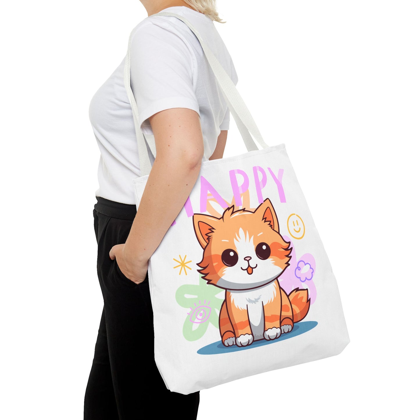 Happy Cat White Tote Bag, Cute Animal Tote, Happy Vibes Bag, Gift for Cat Lovers, Perfect for Shopping & Carrying Essentials