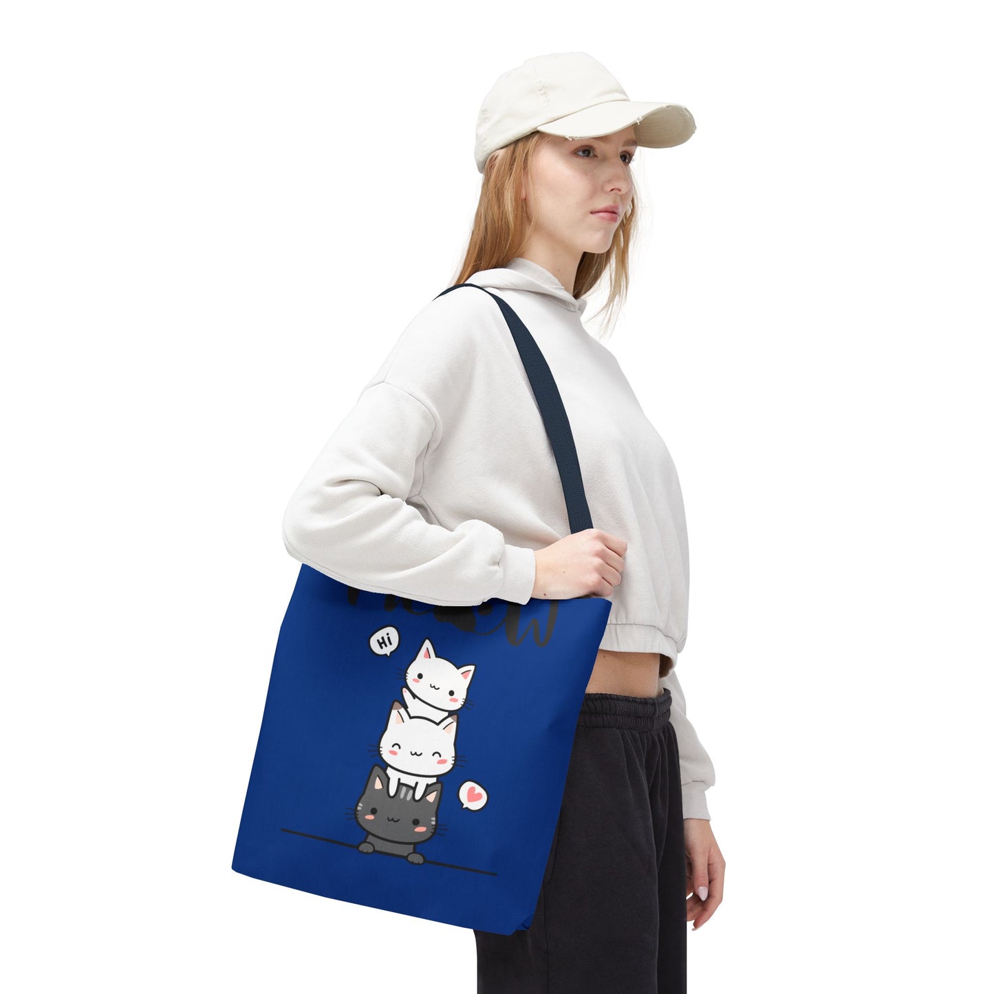 Cute Cat Blue Tote Bag, AOP Tote, Cat Lover Gift, Meow Bag, Cat Themed Shopping Bag, Gifts for Cat Owners