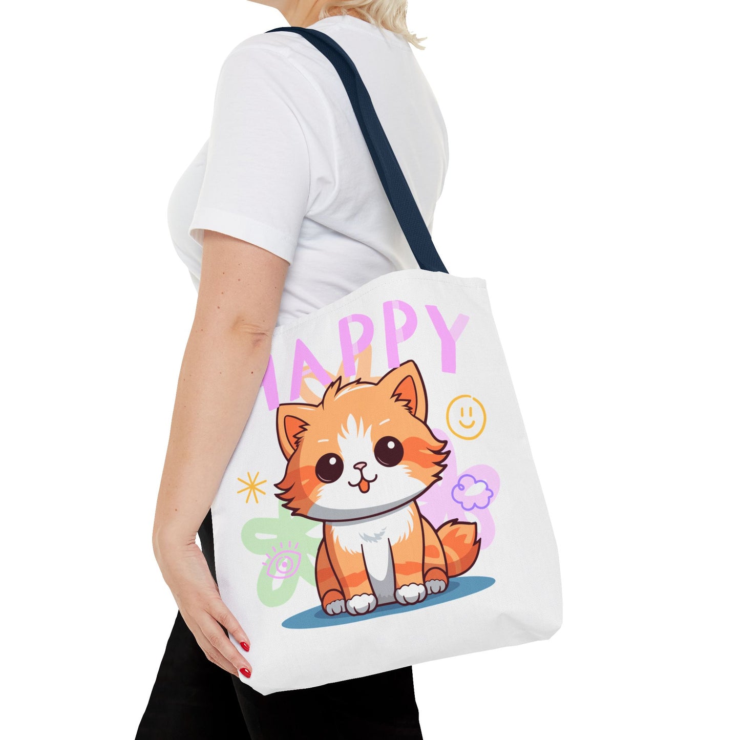 Happy Cat White Tote Bag, Cute Animal Tote, Happy Vibes Bag, Gift for Cat Lovers, Perfect for Shopping & Carrying Essentials