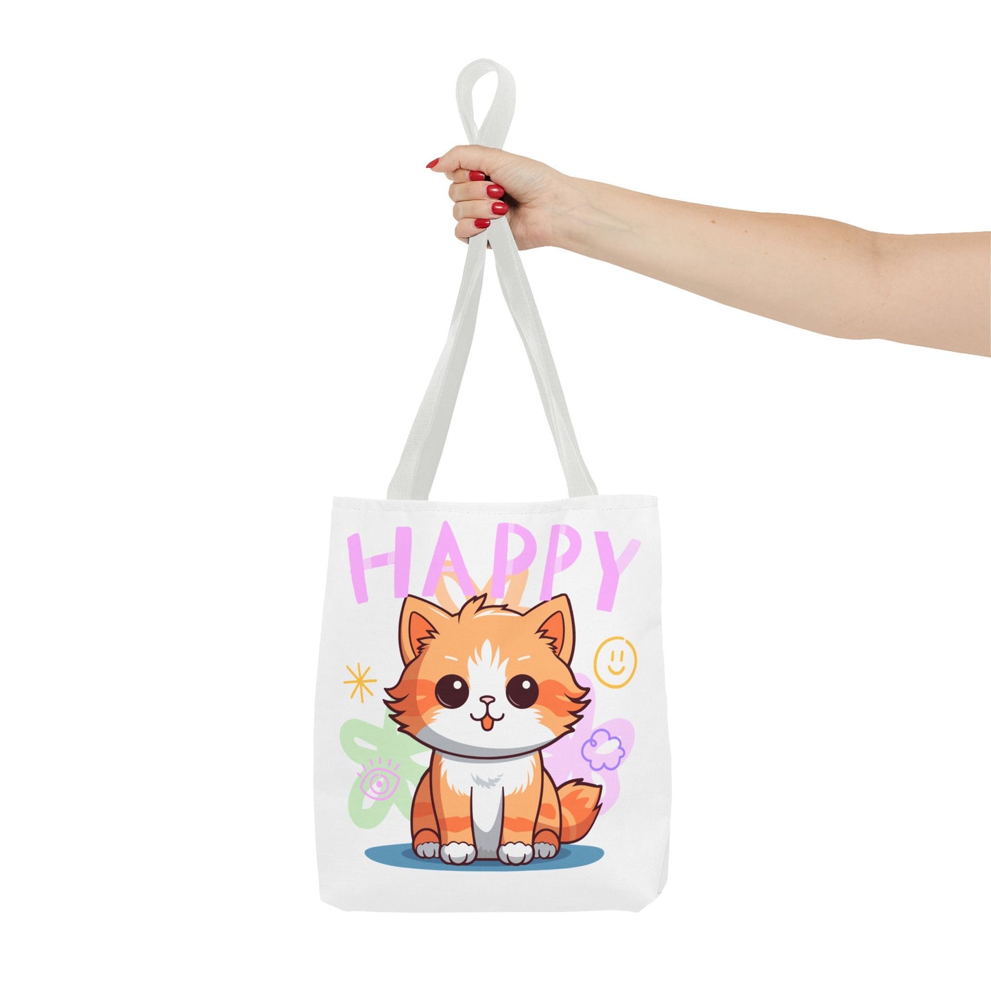 Happy Cat White Tote Bag, Cute Animal Tote, Happy Vibes Bag, Gift for Cat Lovers, Perfect for Shopping & Carrying Essentials