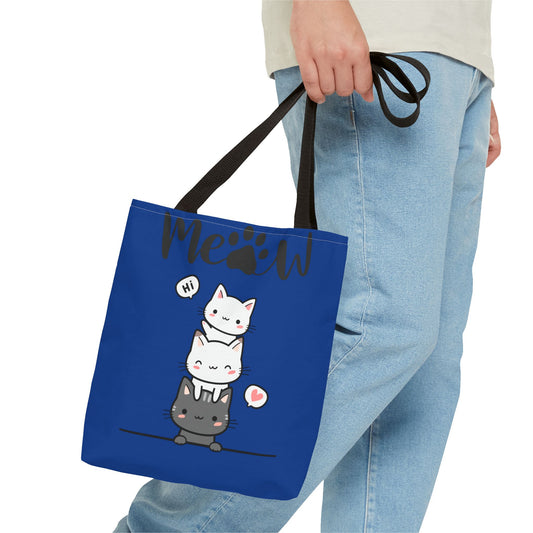 Cute Cat Blue Tote Bag, AOP Tote, Cat Lover Gift, Meow Bag, Cat Themed Shopping Bag, Gifts for Cat Owners