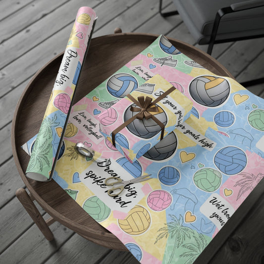 Wrapping Paper Volleyball Aesthetic Collage” — pastel tones, volleyballs, nets, palm trees, sneakers, motivational quotes, and hearts in a scrapbook-style layout
