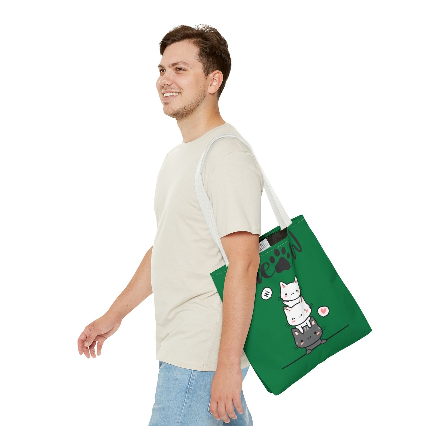 Cute Cat Stack Green Tote Bag - Cat Lover Gift, Meow Bag, AOP Tote, Fun & Functional Shopping Bag, Pet Lover Accessory