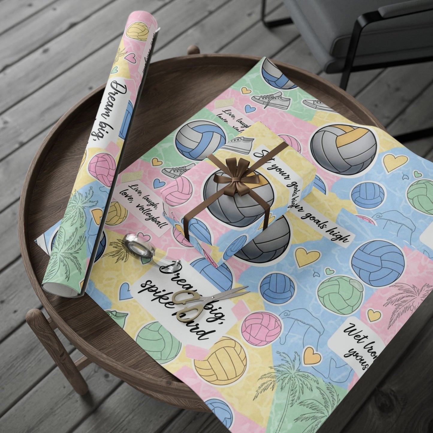 Wrapping Paper Volleyball Aesthetic Collage” — pastel tones, volleyballs, nets, palm trees, sneakers, motivational quotes, and hearts in a scrapbook-style layout