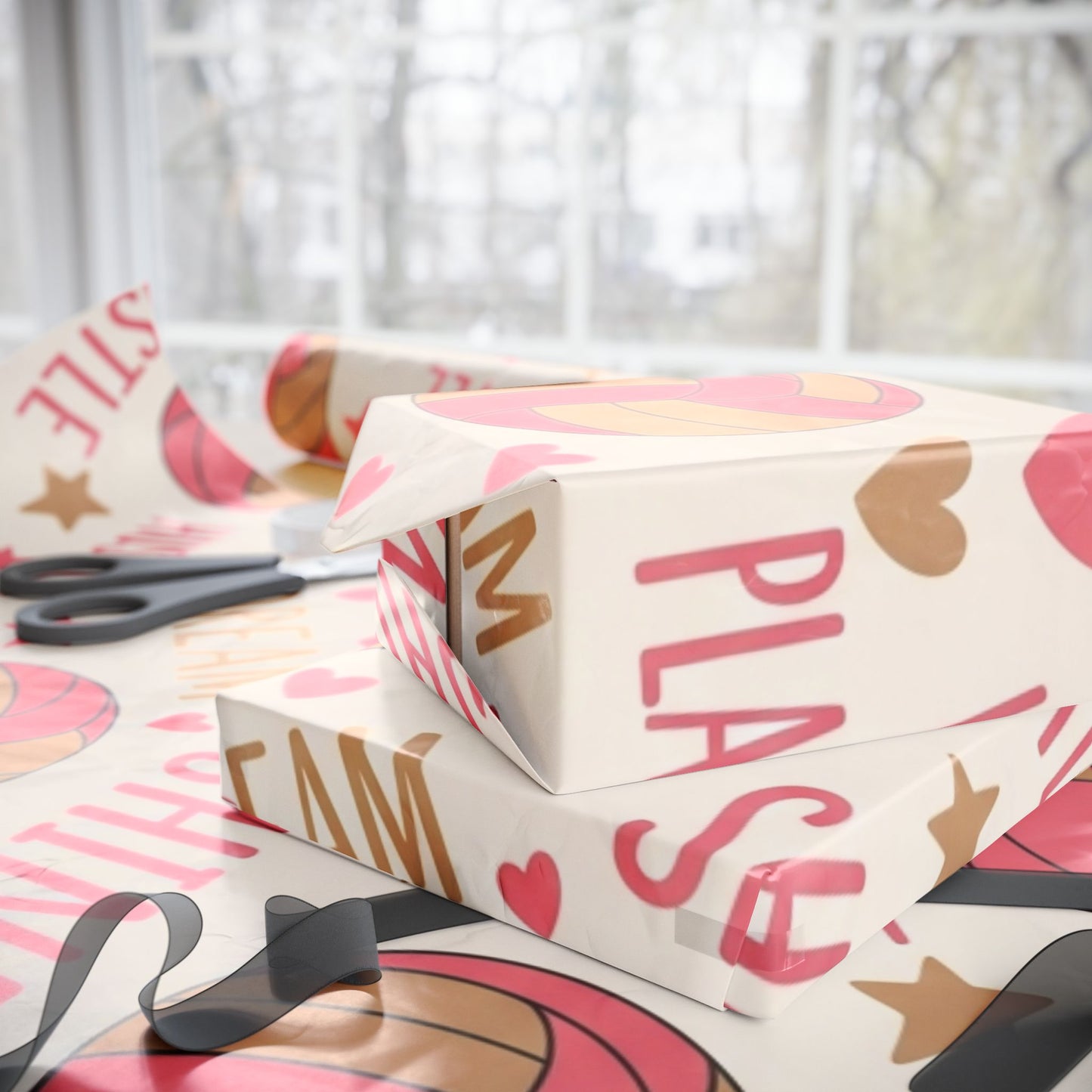 Pink and Tan Volleyball Pattern” — repeating volleyballs, hearts, stars, and motivational words like hustle and shine.