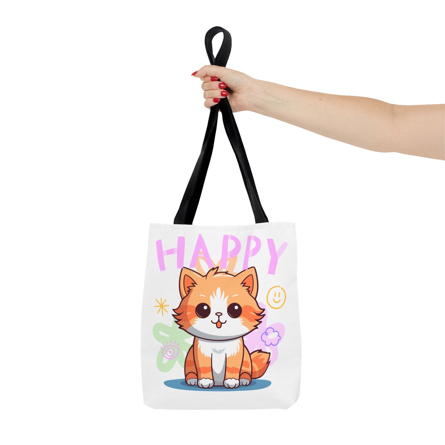 Happy Cat White Tote Bag, Cute Animal Tote, Happy Vibes Bag, Gift for Cat Lovers, Perfect for Shopping & Carrying Essentials