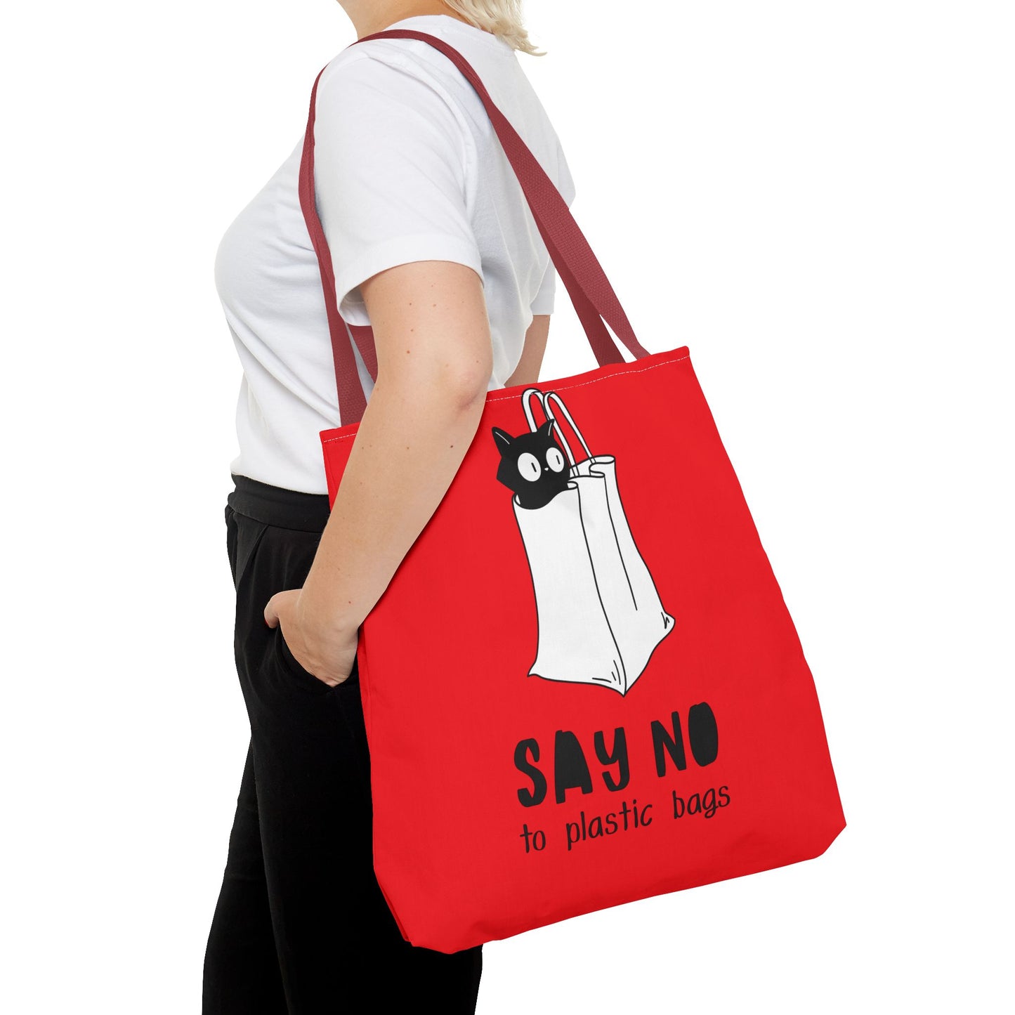 Eco-Friendly Red Tote Bag, Say No to Plastic Bags, Reusable Shopping Bag, Cat Lover Gift, Sustainable Fashion, Red AOP Design