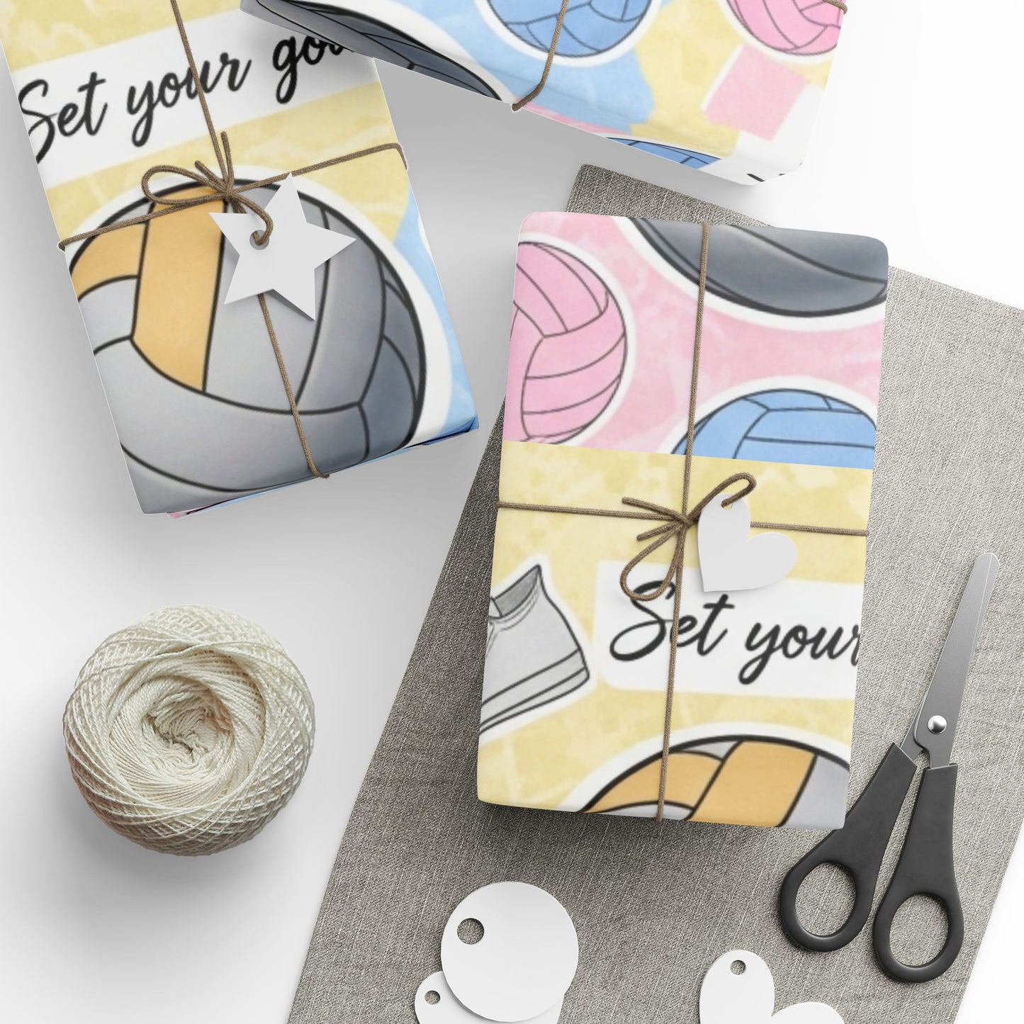 Wrapping Paper Volleyball Aesthetic Collage” — pastel tones, volleyballs, nets, palm trees, sneakers, motivational quotes, and hearts in a scrapbook-style layout