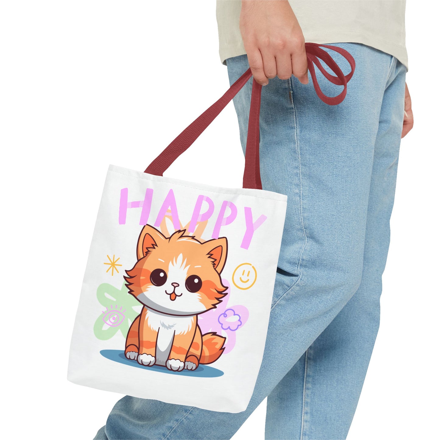 Happy Cat White Tote Bag, Cute Animal Tote, Happy Vibes Bag, Gift for Cat Lovers, Perfect for Shopping & Carrying Essentials