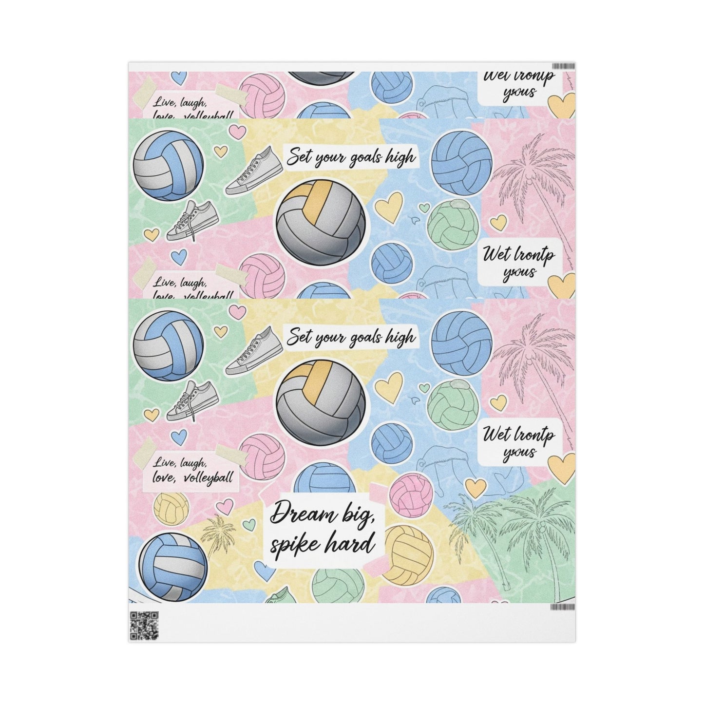 Wrapping Paper Volleyball Aesthetic Collage” — pastel tones, volleyballs, nets, palm trees, sneakers, motivational quotes, and hearts in a scrapbook-style layout