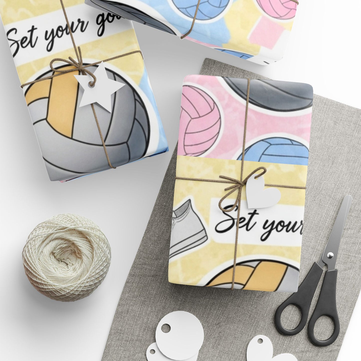 Wrapping Paper Volleyball Aesthetic Collage” — pastel tones, volleyballs, nets, palm trees, sneakers, motivational quotes, and hearts in a scrapbook-style layout