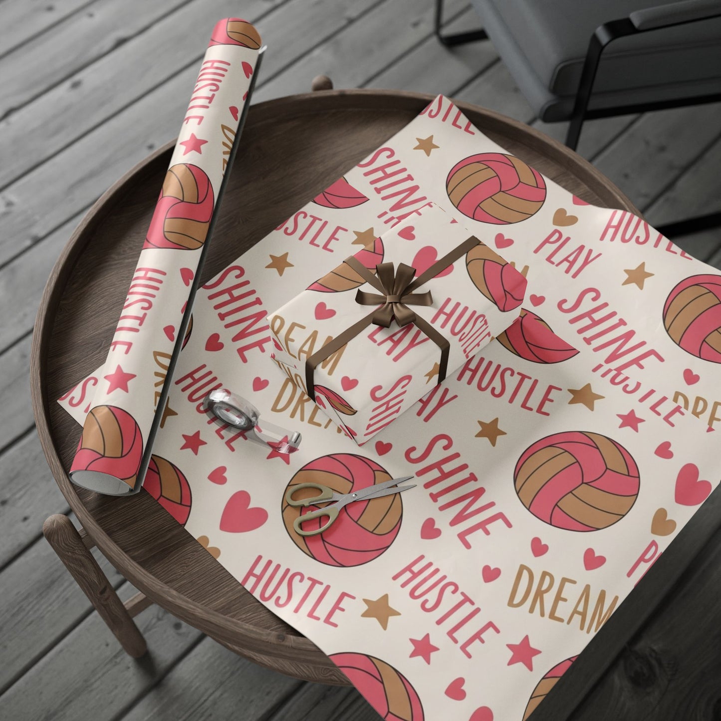 Pink and Tan Volleyball Pattern” — repeating volleyballs, hearts, stars, and motivational words like hustle and shine.