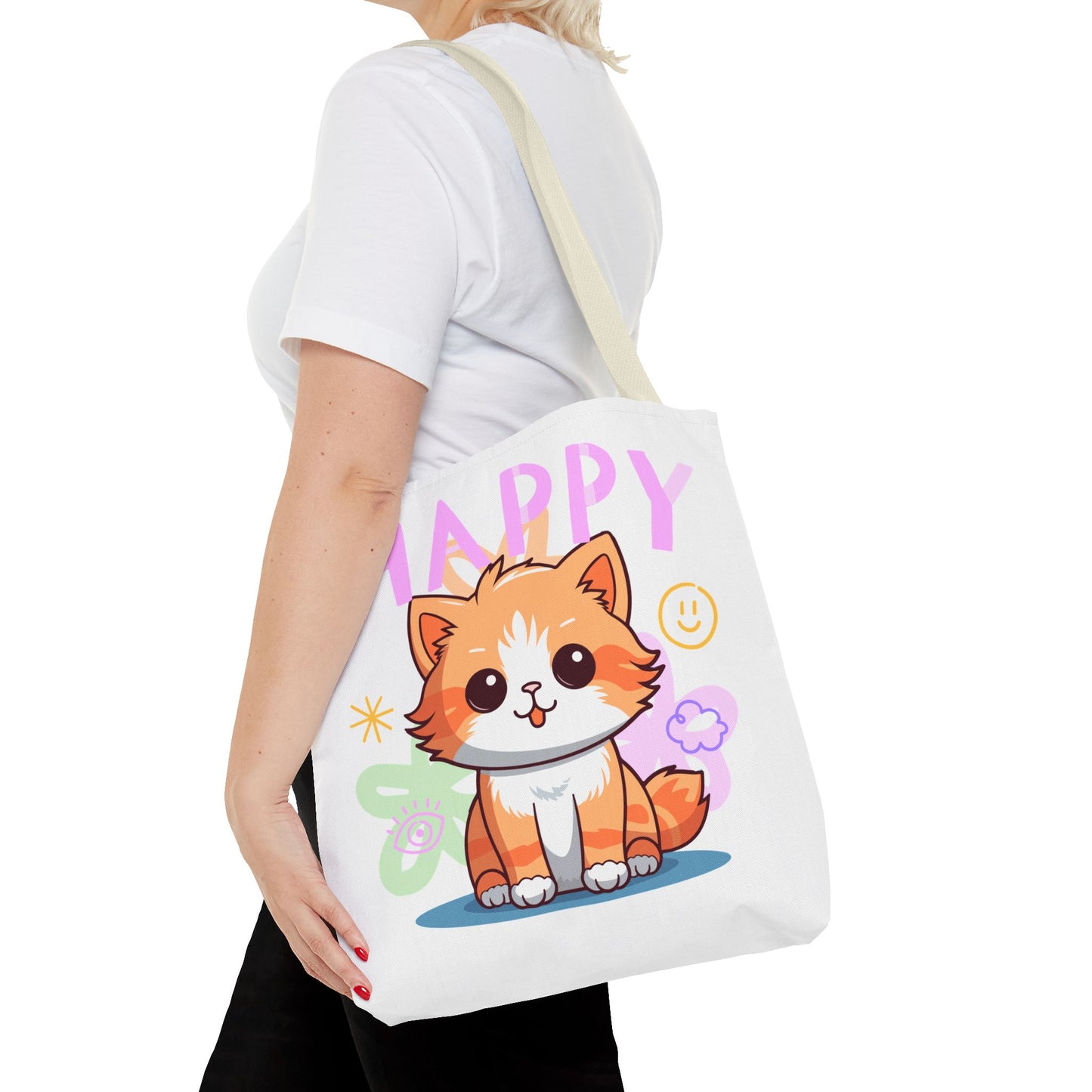 Happy Cat White Tote Bag, Cute Animal Tote, Happy Vibes Bag, Gift for Cat Lovers, Perfect for Shopping & Carrying Essentials