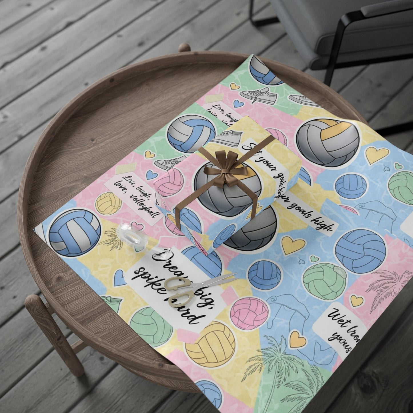 Wrapping Paper Volleyball Aesthetic Collage” — pastel tones, volleyballs, nets, palm trees, sneakers, motivational quotes, and hearts in a scrapbook-style layout
