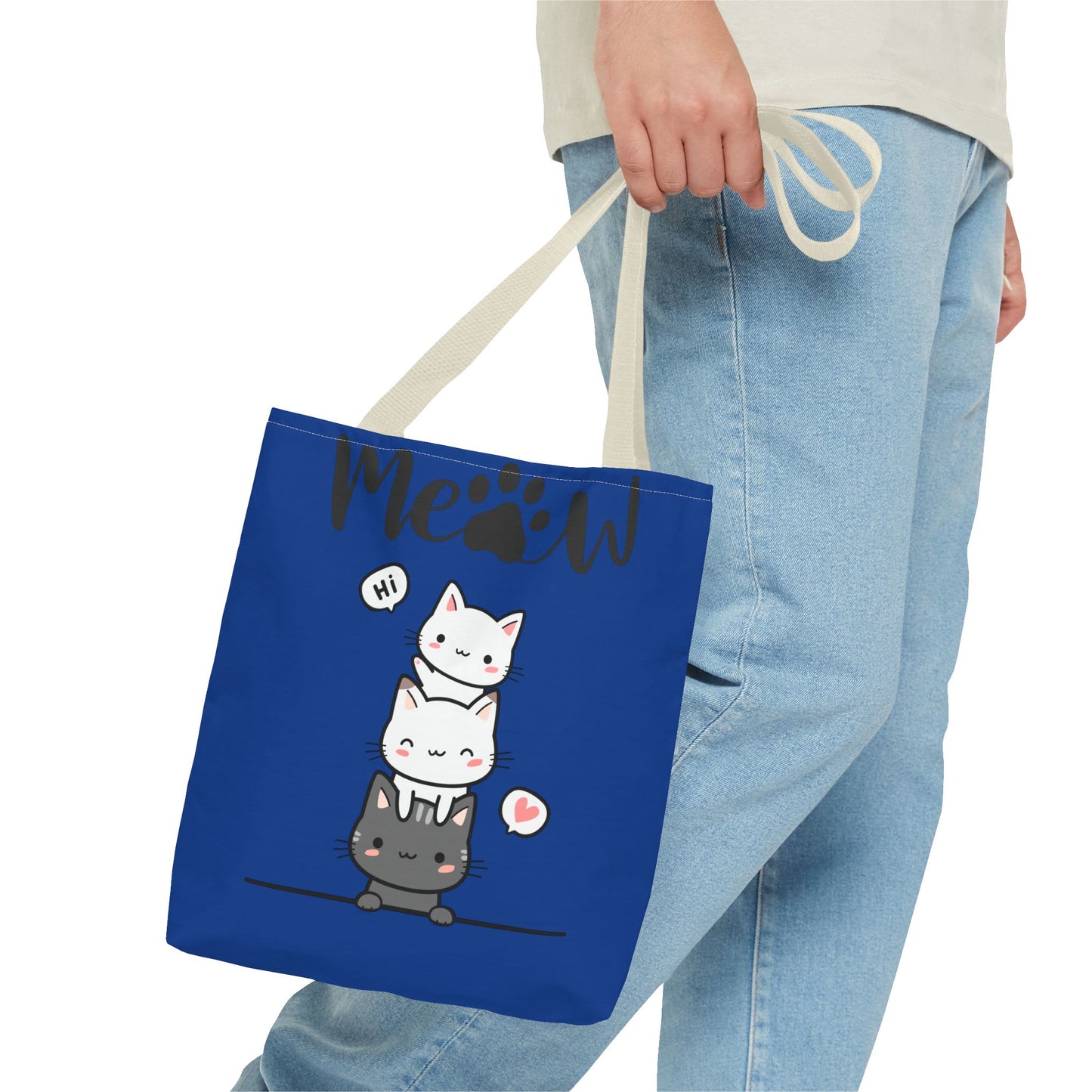 Cute Cat Blue Tote Bag, AOP Tote, Cat Lover Gift, Meow Bag, Cat Themed Shopping Bag, Gifts for Cat Owners