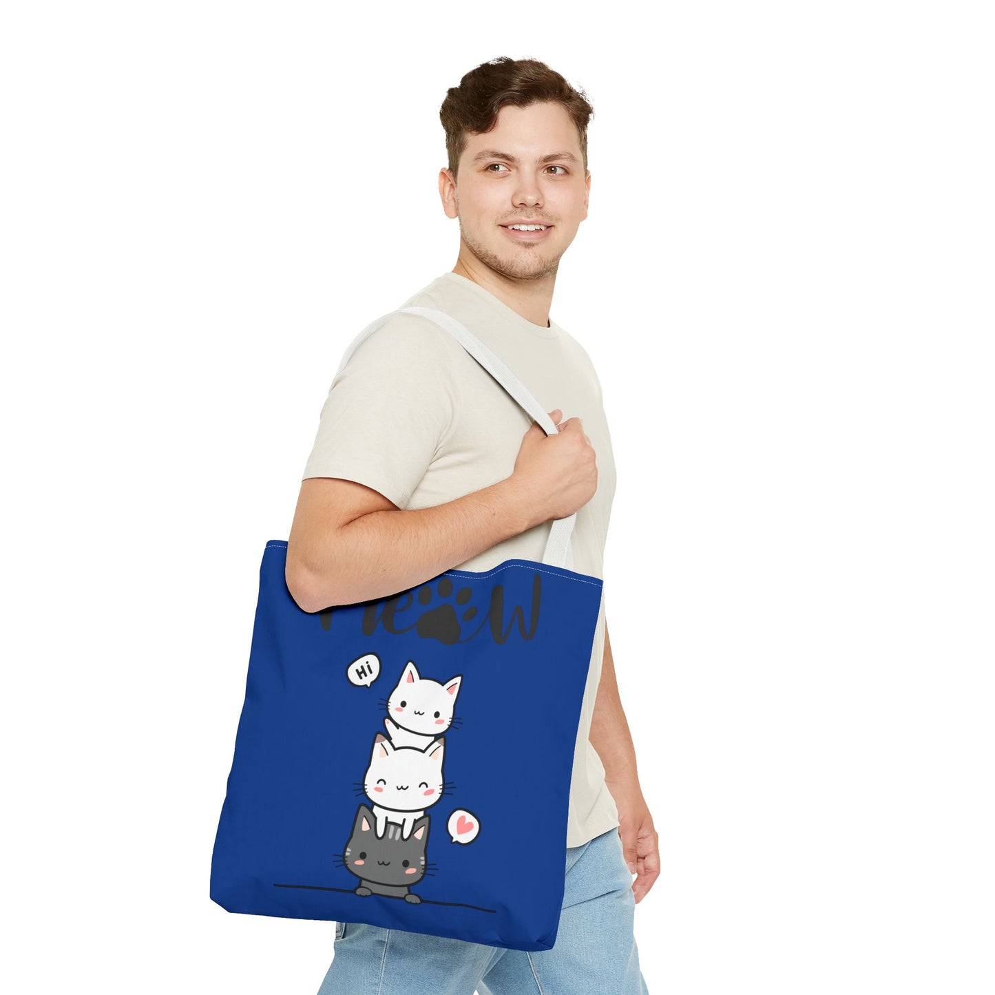 Cute Cat Blue Tote Bag, AOP Tote, Cat Lover Gift, Meow Bag, Cat Themed Shopping Bag, Gifts for Cat Owners