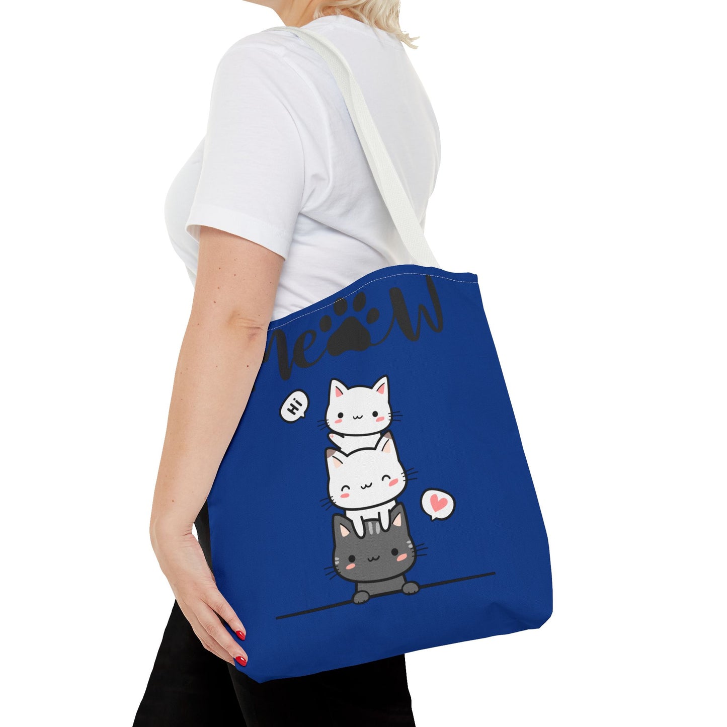 Cute Cat Blue Tote Bag, AOP Tote, Cat Lover Gift, Meow Bag, Cat Themed Shopping Bag, Gifts for Cat Owners