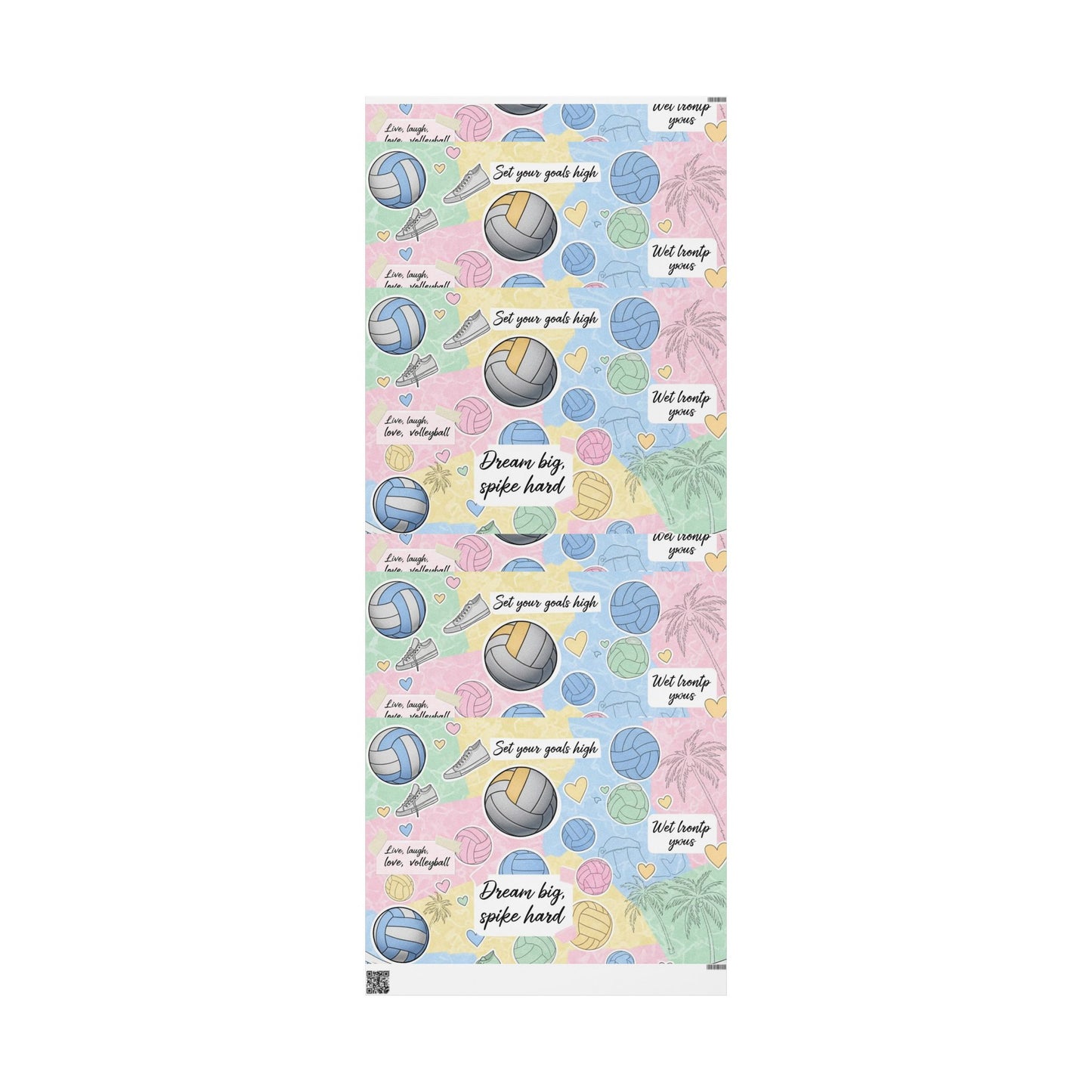 Wrapping Paper Volleyball Aesthetic Collage” — pastel tones, volleyballs, nets, palm trees, sneakers, motivational quotes, and hearts in a scrapbook-style layout