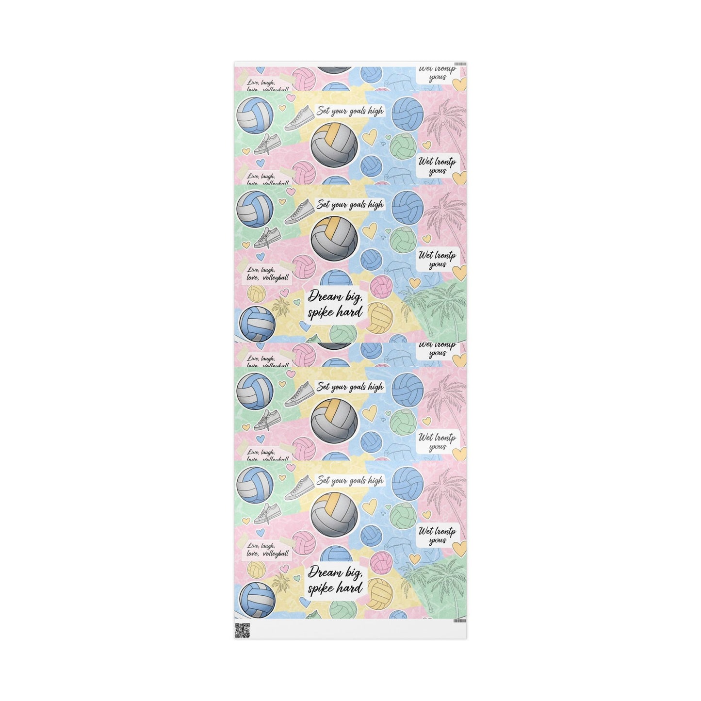 Wrapping Paper Volleyball Aesthetic Collage” — pastel tones, volleyballs, nets, palm trees, sneakers, motivational quotes, and hearts in a scrapbook-style layout